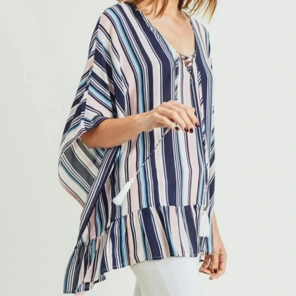NEW Striped Ruffle Lace Up V-Neck Blouse - Picture 2 of 3